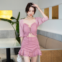 2021 Swimsuit Womens split conservative short sleeve skirt belly thin Korean ins three-piece hot spring swimsuit