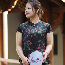 Mulberry Silk New Satin Short Sleeve Real Silk Blouse Printed Summer Middle Aged Mother Dress T-shirt Woman