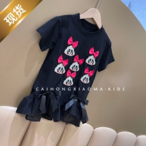 High-end customized girl dress with dress spring and summer new ocean qi children baby baby panda embroidery short sleeve princess dress