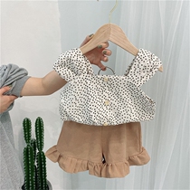 Girl Harnesses Shorts Two Sets Foreign Air Pure Cotton New Korean Version Children Summer Bottling Wave Baby Wave Point Sleeveless Suit