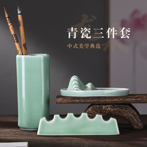 Ru Kiln Ceramic pen washing pen holder Three sets Town ruler paper Town small number washing brush cylinder licking pen Mountain pens Brush Ink butterfly ink disc Water disc Chinese Wind Calligraphy Pendulum in Jingdezhen Ancient Wind Day style