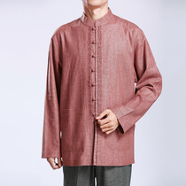 Ethnic style Chinese linen long sleeve middle-aged and elderly mens Tang suit autumn new large size anti-wrinkle meditation