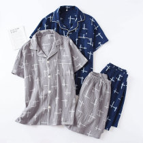 Pajamas mens cotton Japanese summer cotton gauze loose short-sleeved home clothes two-piece young middle-aged