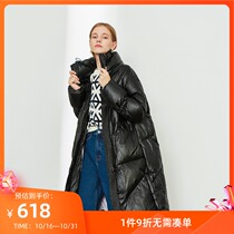 LILY winter new womens stand collar black gloss loose long down jacket 119430D1194