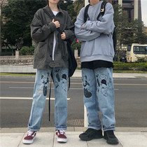 Ideal country tide 2020 Spring cartoon print jeans hip hop men and women couples straight trousers GZXI