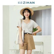 Purple Culvert Summer New Square Collar Stripe Short Sleeves T-shirt Jacket Casual Shorts Fashion Suit Up And Down Two Sets