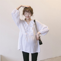 Pregnant woman shirt with long style 2022 spring clothing blouses Korean version Fashion loose spring and autumn shirt temperament white dolls