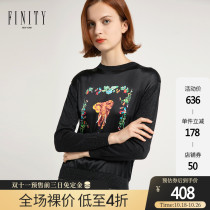 FINITY2021 autumn and winter womens new black print mosaic womens fashion round neck pullover womens wear