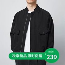 Momomley collar tooling jacket jacket mens loose autumn new casual solid color baseball collar short top tide tide