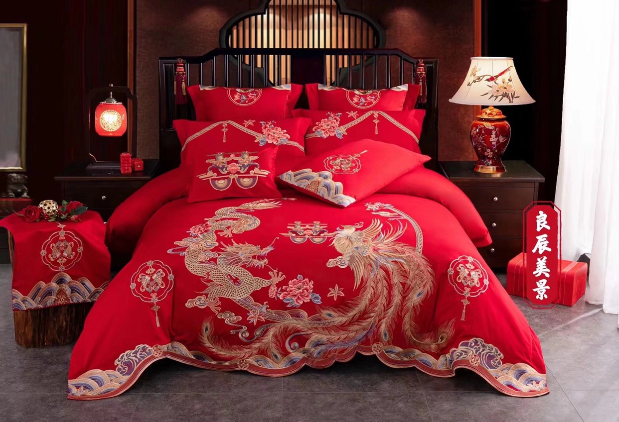 2021 new 100 pure cotton jacquard embroidery Four pieces of wedding celebration large red bed with increased quilt cover