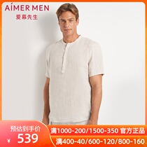 Mr. Aimu Casual Linen Henry Collar Pullover Short Sleeve NS81D613