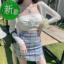 Summer suit thin sweater jacket wrap chest two-piece plaid skirt x still new womens clothing