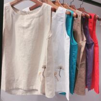 Retro Art Embroidery Round Collar Cotton Hemp Vest Woman Fit Summer New Loose Sleeveless Linen Waistcoat shoulder jacket