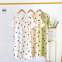 Wash cotton nightgown women Summer vneck skirt thin loose fresh polka dot Korean pajamas cotton home dress