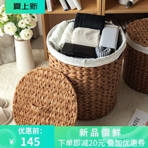 Original wood color rattan chic clothing basket with lid cloth lining hand woven clothing containing basket imitation water fairy grass laundry barrel not mouldy