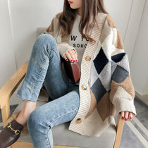 Chao brand 2020 autumn and winter New Korean lazy wind Plaid stitching sweater women loose thick knitted cardigan coat