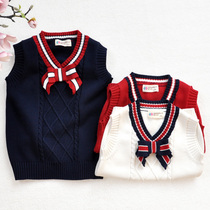 Girls  waistcoat childrens V-neck vest 2021 new spring and autumn knitted horse clip Zhongda Tong College wind cotton line top