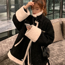 Vanya Lamb Coat Woman Winter Han Edition Fashion Black Clamp Cotton Retro-Lead Long-sleeved Short Coat