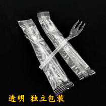 Disposable fruit fork Dessert spoon Cake fork Dessert fork Independent transparent three-tooth fork Plastic long fork sign