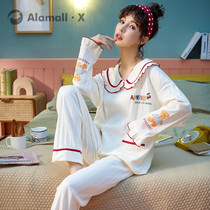 Pajamas womens long-sleeved cotton 2022 new spring and autumn lapels plus size net red explosive home set can be worn outside