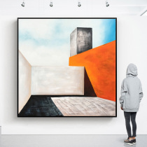 Hand-painted abstract oil painting Nordic style color block light luxury hanging painting Geometric architecture square living room sofa decorative painting