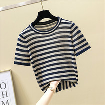 Ice silk short sleeve knitwear women 2021 summer new Korean version thin loose slim shiny striped T-shirt top