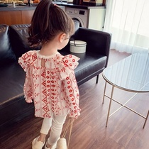 Girl Shirt Spring 2021 New Children Korean version of foreign style lace shirt little girl long sleeve top tide