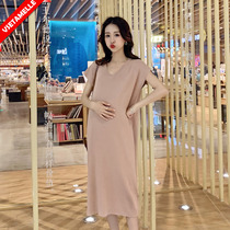 Pregnant women summer clothes large size casual ice silk knitted dress Summer long dress over the knee hot tide mom loose pregnant women skirt