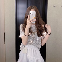 Womens 2021 summer new Korean skinny fashion temperament lace half-length skirt shiny T-shirt two-piece suit