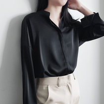  Ya Ge Ge satin shirt Female mind design sense niche satin temperament black dark placket lazy style loose
