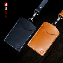 Handmade leather bus card set first layer cowhide vintage Subway bank ID badge Lanyard card set Coin purse