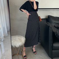 Black wave dot skirt women Summer A- line dress long high waist chiffon trembles for hip big legs thick skirt