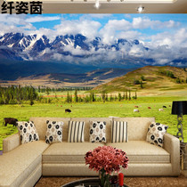 3d Three-dimensional Large Mural Paper Open Space Nature Plateau Snowy Mountain Scenery Wall Paper Cattle Herd Prairie Pasture