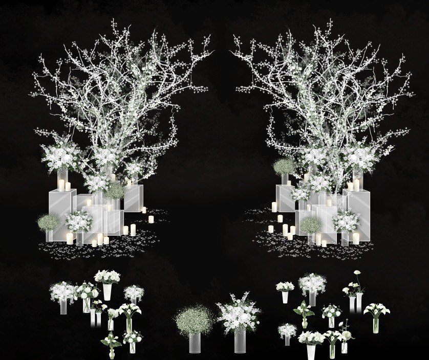 White branches green stars all over the sky acrylic vase floral wedding renderings hand drawn PSD source file wedding