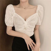 2021 new bubble sleeves sashimi short sleeve V necklace gown with gentle wind and design sensation blouse female summer