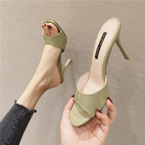 High heel shoes female fine heel 2021 Summer new word drag Korean version 100 lapped sexy fish mouth cool off outside wearing half drag woman