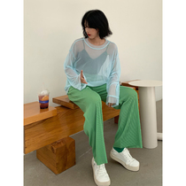 BAYUE August sunscreen blouse womens Summer thin section loose and versatile top Candy color hollow mesh long-sleeved T-shirt