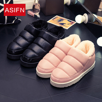 Adult cotton slippers Womens leather pu waterproof thick bottom non-slip wool sleeping shoes Large size bag heel Cotton slippers mens bag heel