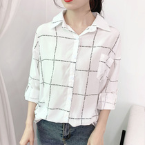 Spring Koreas new retro port Wind Alphabet Long Sleeve Plaid Shirt Loose in Long Paragraph 100 Lap Shirt Jacket Woman