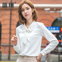 Chiffon shirt womens early autumn spring coat design sense niche tie-up white shirt temperament Joker long sleeve without collar