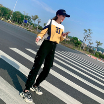 Overalls womens suit 2020 spring and summer leisure sports leggings fashion round neck long-sleeved sweater net red two-piece set