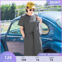 MsShe Big Code Womens Dress 2022 New Summer Dress Micro-Fat Sister Striped Cast-waist T-shirt Dress Comfort Elastic One-piece Dress