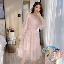 Mesh dress female spring and autumn 2021 autumn new small waist chiffon chic gentle fairy skirt