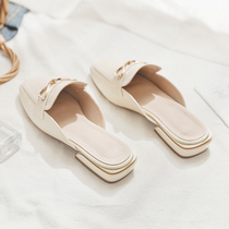 Europe station 2022 Summer new genuine leather square head Baotou Half slippers Female flat bottom Fashion 100 lap low heel cooldown