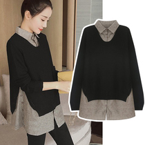 Play undershirt woman big code fat mm2022 autumn winter new Korean version loose and thin art and wind two pieces sweaters cover headsets