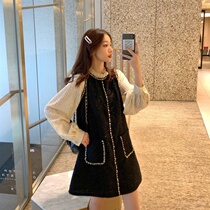 2021 spring French style long sleeve fake two splicing one-piece dress with little fragrant wind skirt