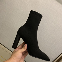 Hong Kong winter New Sexy pointed high heel elastic socks boots female Joker thick heel black boots slim boots tide