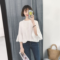Summer women's Korean version of horn sleeve doll shirt white sunscreen shirt hollow chiffon bottoming shirt women lace coat