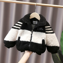 Boy coat plus velvet 2021 new autumn and winter baby lamb wool sweater winter dress foreign style childrens tide coat