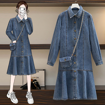 Big code womens clothing 2021 spring new micro-fat sister to be thin and ocean-cut trendy cover-belly denim dress